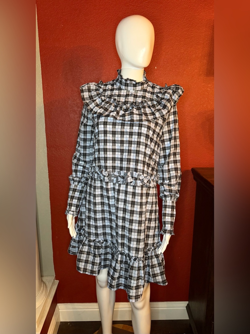 GANNI Charron Checked Seersucker Ruffle Mini Dress Serenity Blue Size 36 - Picture 2 of 12